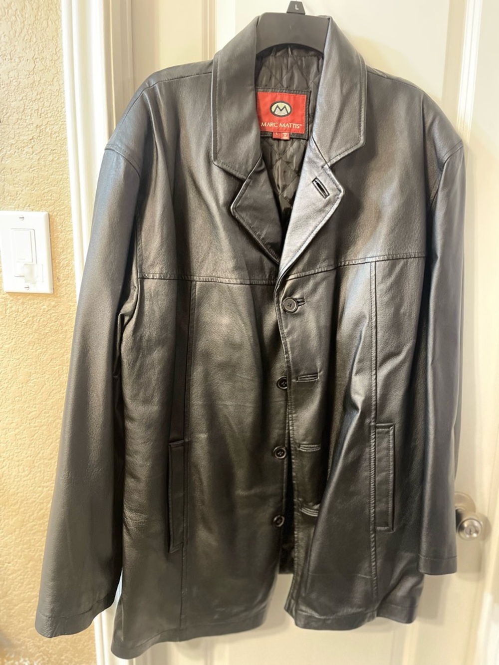 Men's Black Leather Button-Front Coat